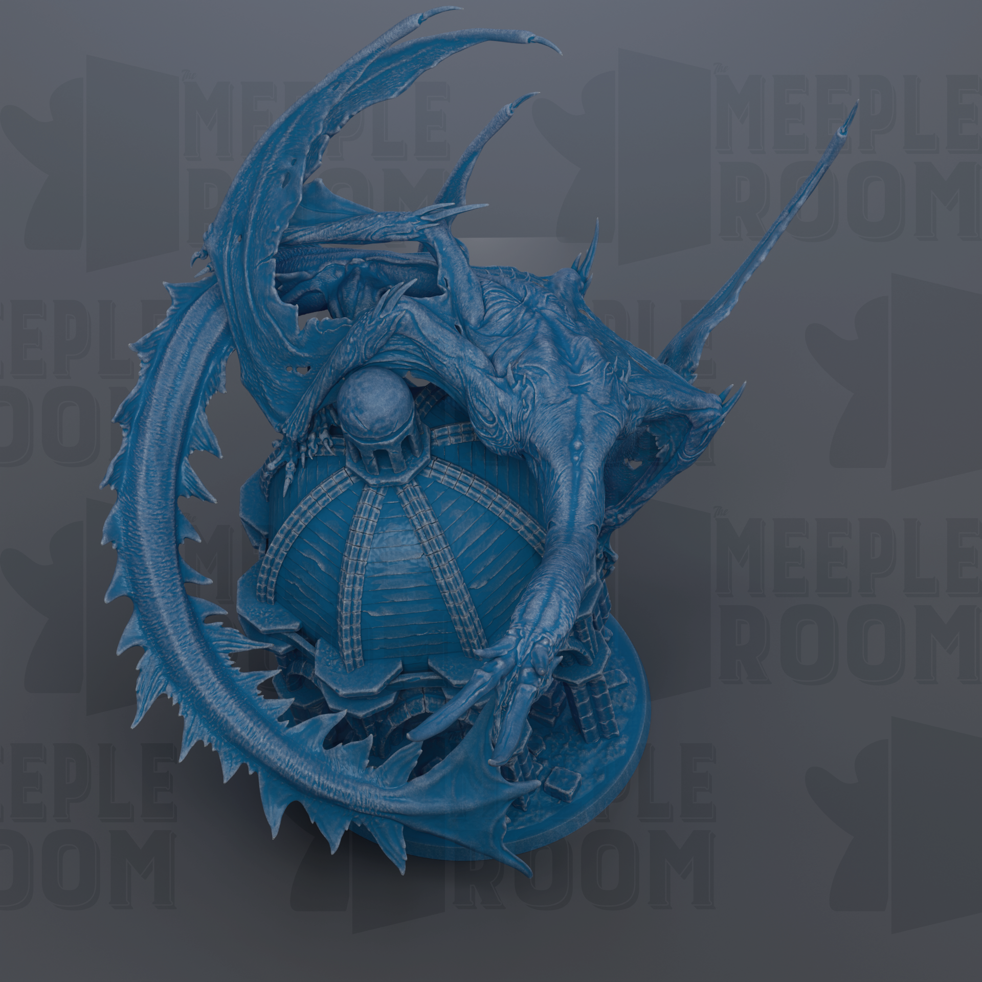 A detailed 3D rendering of a blue dragon-like creature with intricate scales and a large head, set against a dark background with repeated text.