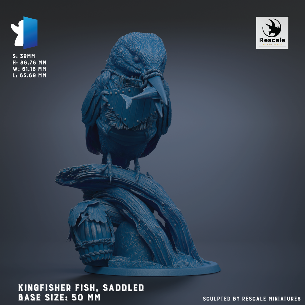 A 3D model of a Kingfisher Fish, a type of bird, is shown in a sculpted form. The bird is perched on a branch and appears to be eating something. The image is described as a "Kingfisher Fish, Saddled Base Sizes: 50mm" and is labeled as a "Sculpted by Rescue Miniatures".