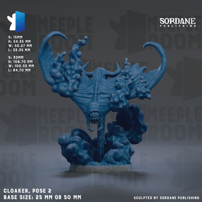 a blue figurine of a creature with a large head and long, curved horns. The figurine is posed in a dynamic, action-like manner, with its head and horns appearing to be in motion. The figurine is set against a dark background, which emphasizes its blue color and the details of its form. The image does not contain any text, and the figurine is described as a "cloaker" and "pose 2" with a base size of either 25mm or 50mm.