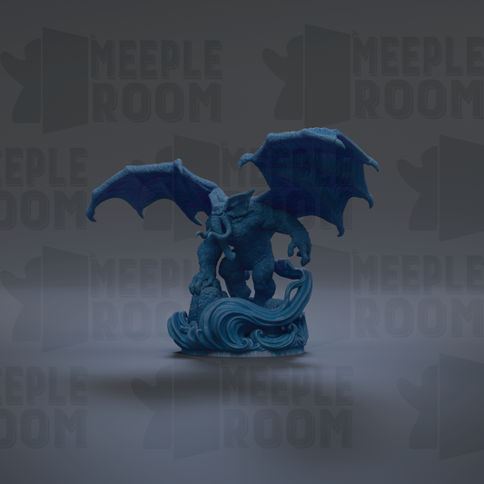 A blue dragon figurine with wings spread, standing on a wave-like surface against a dark background with repeated text.