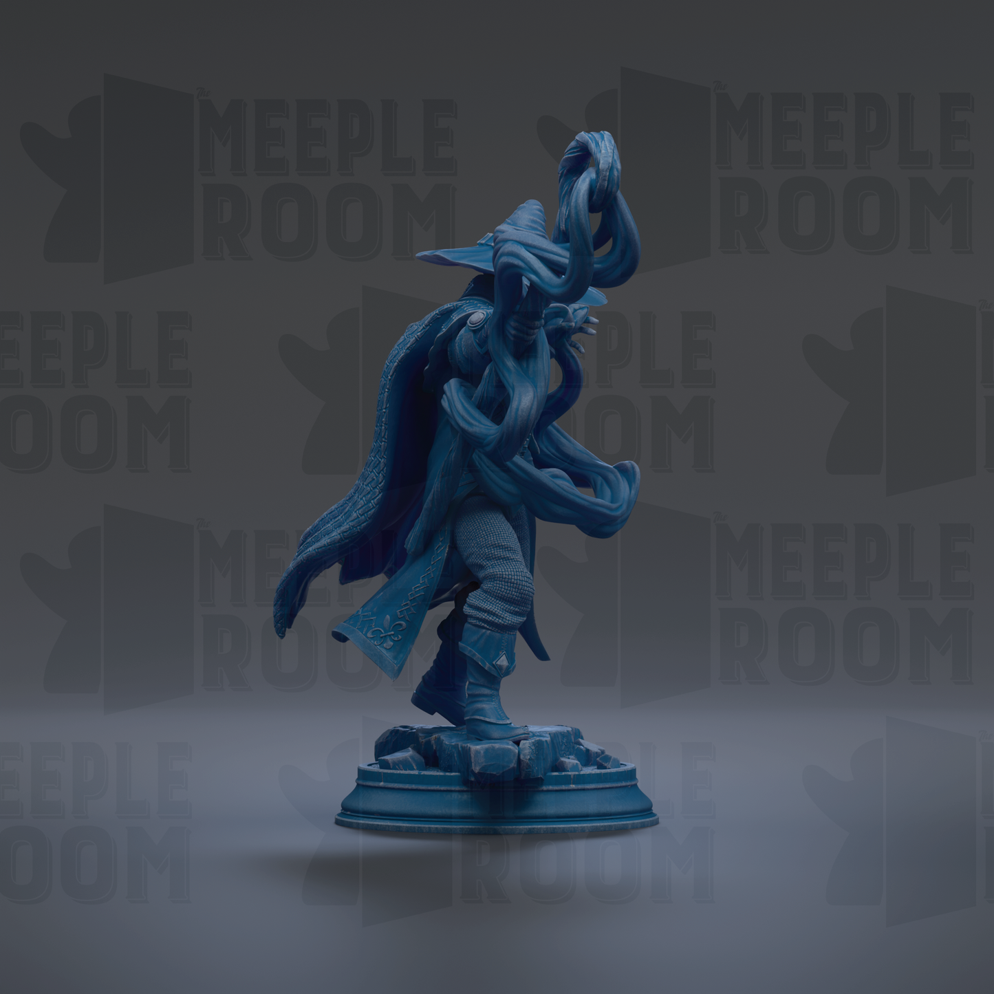 A blue statue of a figure with a flowing cape and hat, standing on a pedestal against a dark background with repeated "MEUPLE ROOM" text.