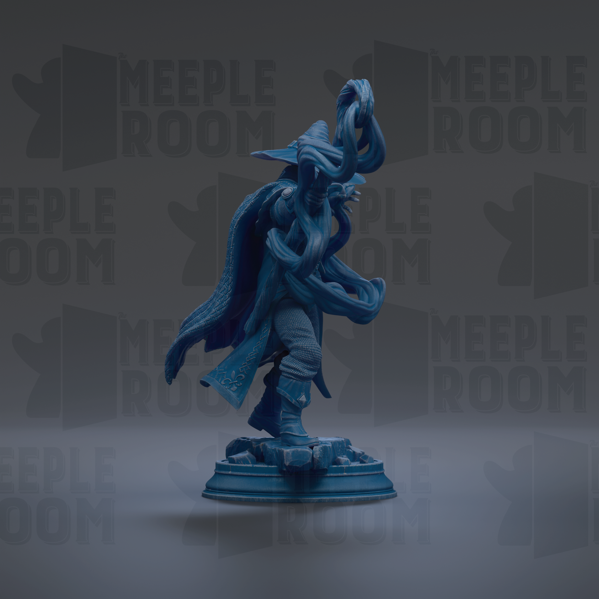 A blue statue of a figure with a flowing cape and hat, standing on a pedestal against a dark background with repeated "MEUPLE ROOM" text.