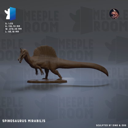 The image is a 3D rendering of a Spinosaurus Mirabilis, a dinosaur species, with a focus on its tail and body. The image is a 3D model of the Spinosaurus, which is a large, long-necked dinosaur that lived during the Late Cretaceous period. The image is a 3D rendering of the Spinosaurus, which is a dinosaur species, and it is displayed against a gray background.
