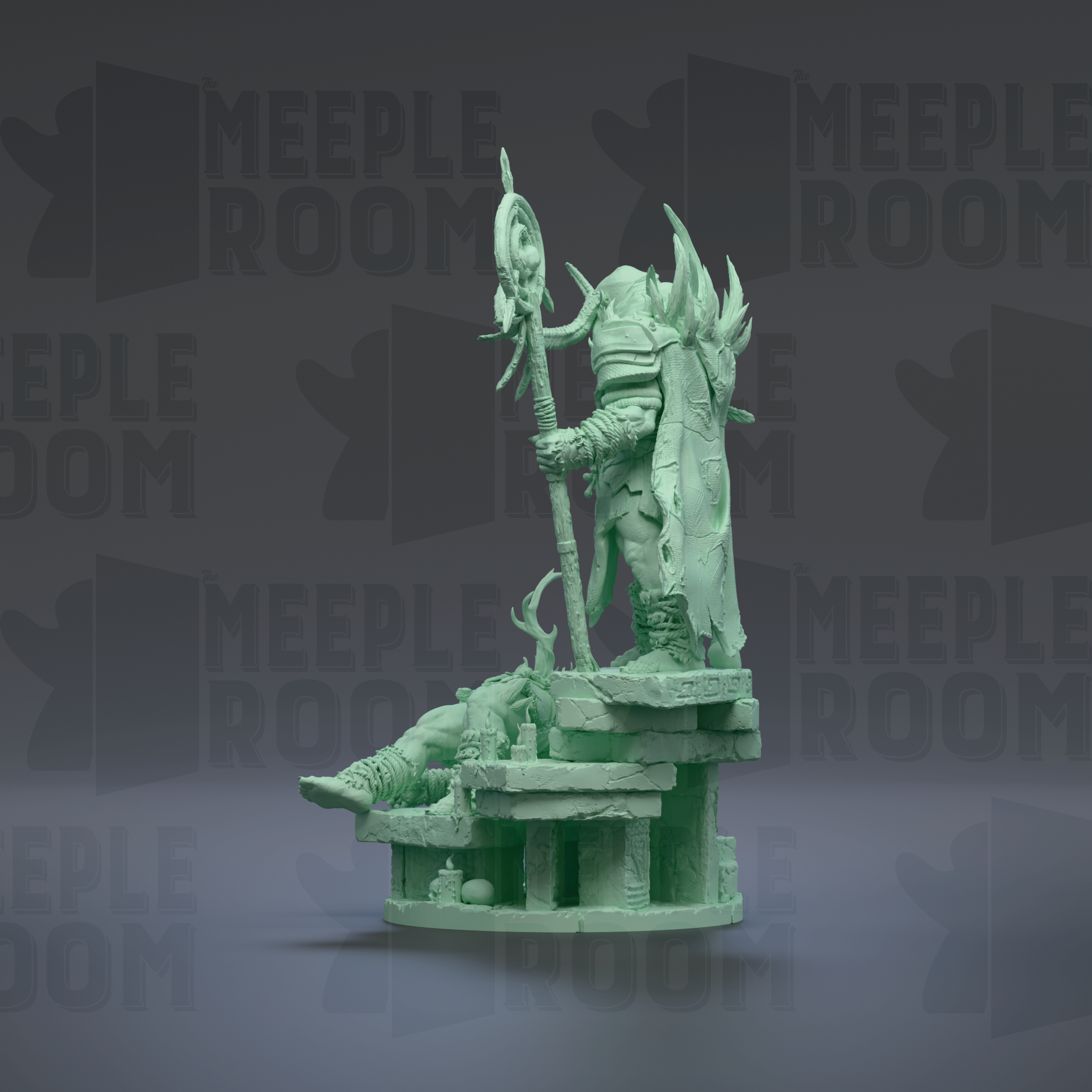 A green statue of a warrior figure holding a staff and standing on a pedestal, with a dark background that contains the text "MEUPLE ROOM" repeated multiple times.