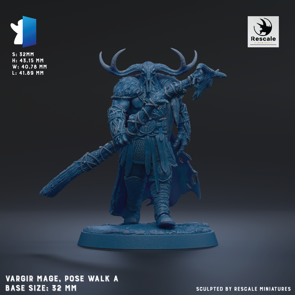 The image is a 3D model of a blue armored warrior figure, with horns and a sword, posed in a dynamic walking stance. The figure is displayed on a base that measures 32 millimeters in height and width. The image is a sculpture by Rescale Miniatures, and it is a pose walk of the Vargir Mage character.