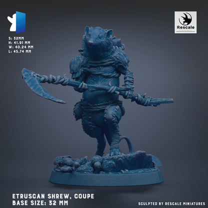 a figurine of a mouse-like creature, possibly a mouse or a rat, holding a weapon and standing on a base. The figurine is blue in color and appears to be made of a material that resembles metal or plastic. The base sizes of the figurine are 32 mm, 41 mm, and 45 mm. The image is a 3D rendering of the figurine, and it is described as being sculpted by Rescale miniatures.
