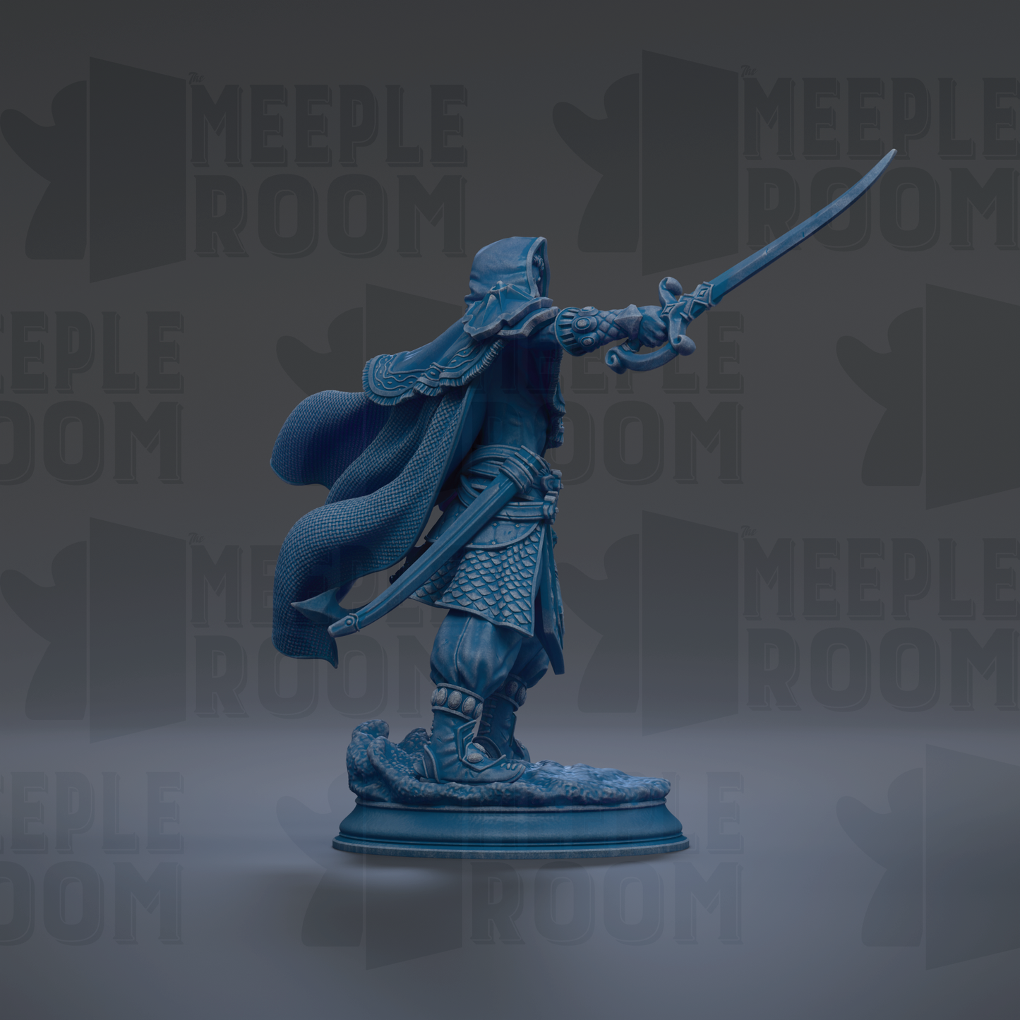 A blue statue of a warrior wielding a sword and shield stands prominently against a dark background with repeated "MEIPLE ROOM" text.