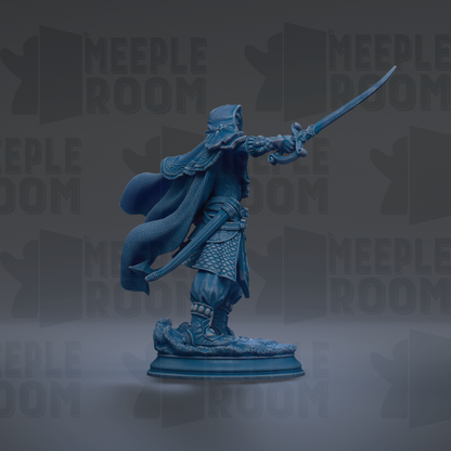 A blue statue of a warrior wielding a sword and shield stands prominently against a dark background with repeated "MEIPLE ROOM" text.