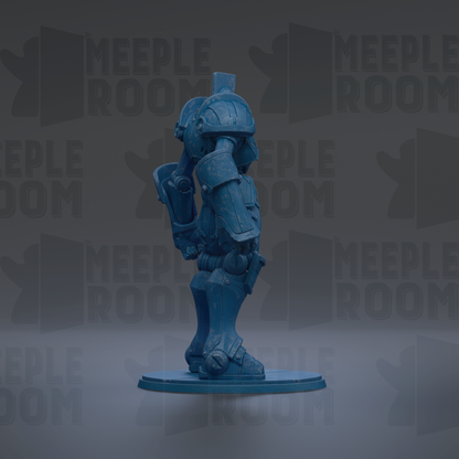 A blue, armored figurine stands on a base against a dark background with repeated text.