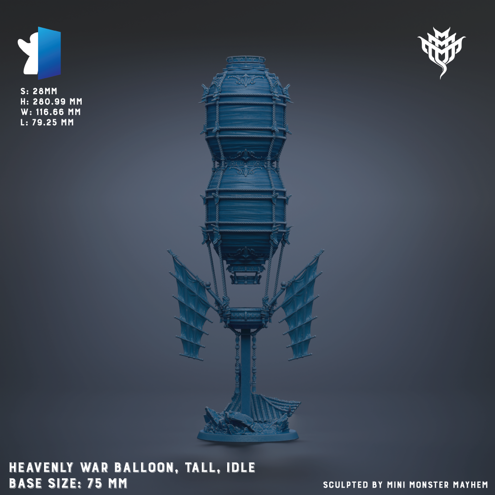 The image is a 3D rendering of a blue war balloon sculpture, with the base size being 7.5 mm.