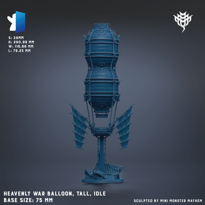 The image is a 3D rendering of a blue war balloon sculpture, with the base size being 7.5 mm.