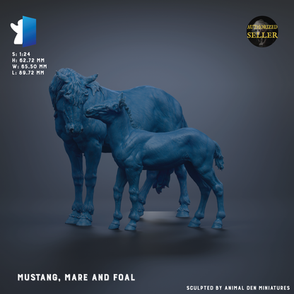 a blue sculpture of a horse, specifically a Mustang, mare, and foal.