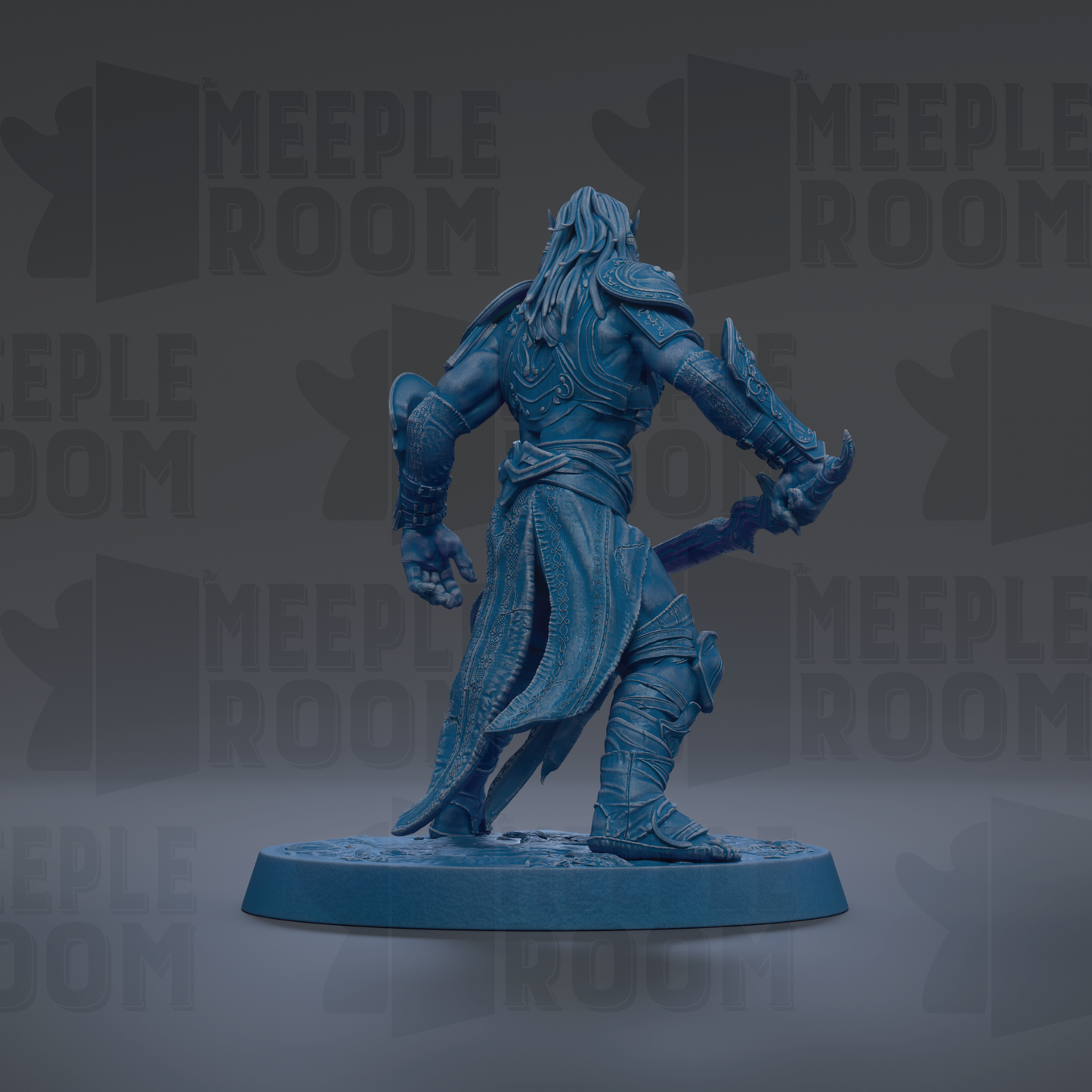 A blue, armored warrior figure stands on a platform, holding a sword and shield, against a dark background with repeated text.