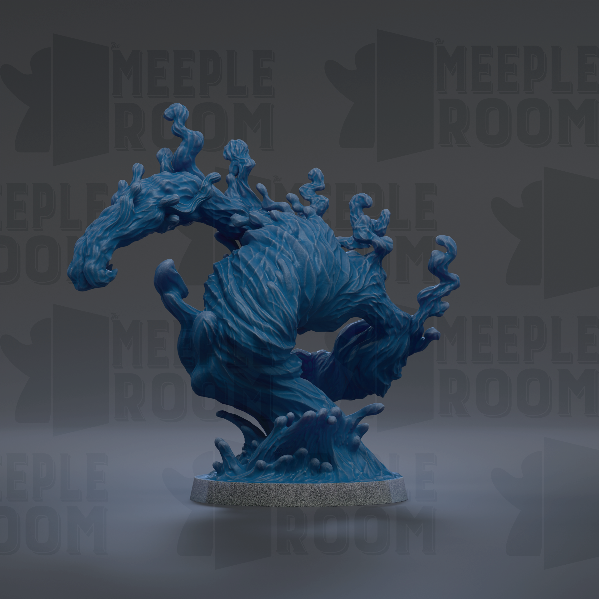 A 3D rendering of a blue, abstract sculpture with flowing, organic shapes and textures, set against a dark background with repeated text.