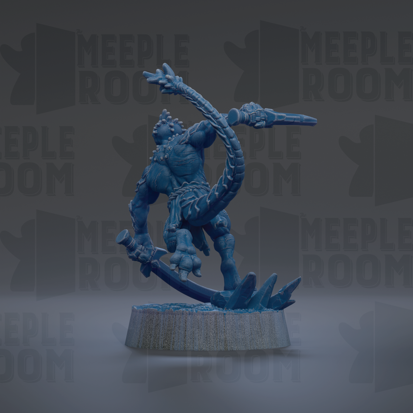 A blue, 3D-rendered figurine of a muscular, armored character with a long, curved weapon in its hand, standing on a platform.