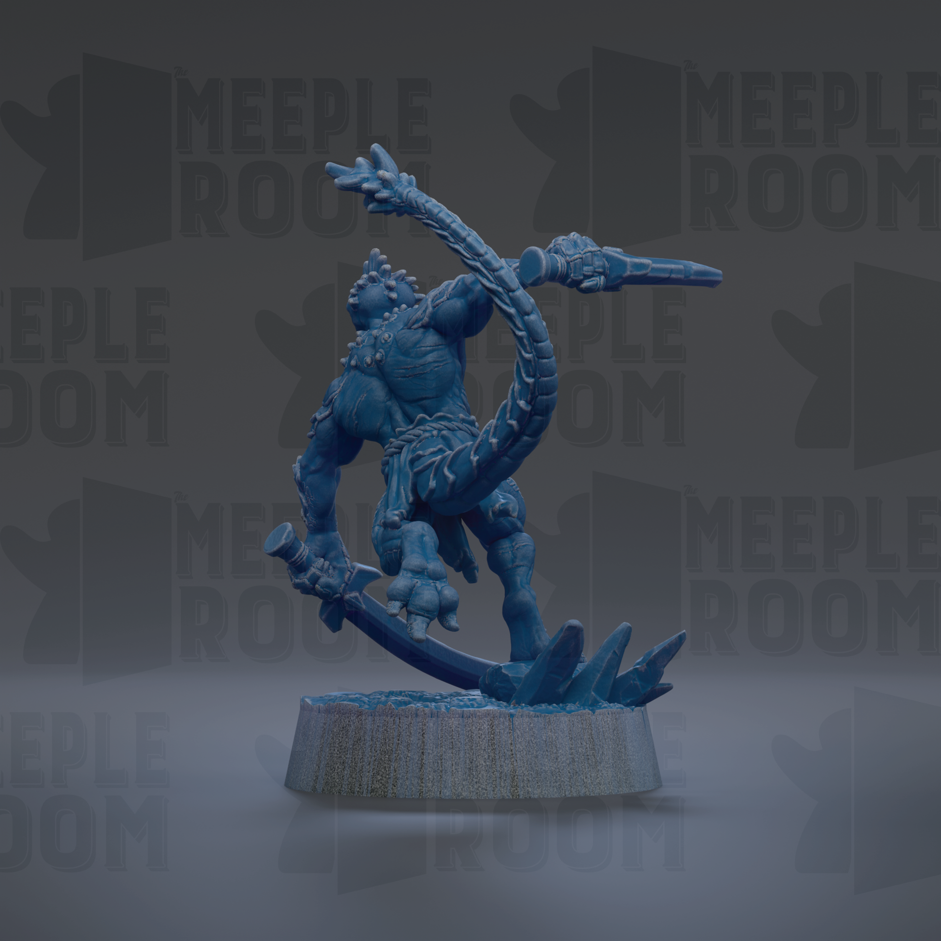 A blue, 3D-rendered figurine of a muscular, armored character with a long, curved weapon in its hand, standing on a platform.