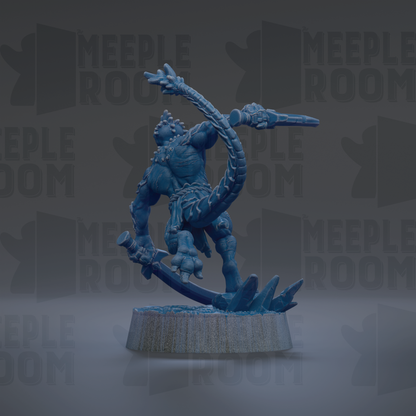 A blue, 3D-rendered figurine of a muscular, armored character with a long, curved weapon in its hand, standing on a platform.