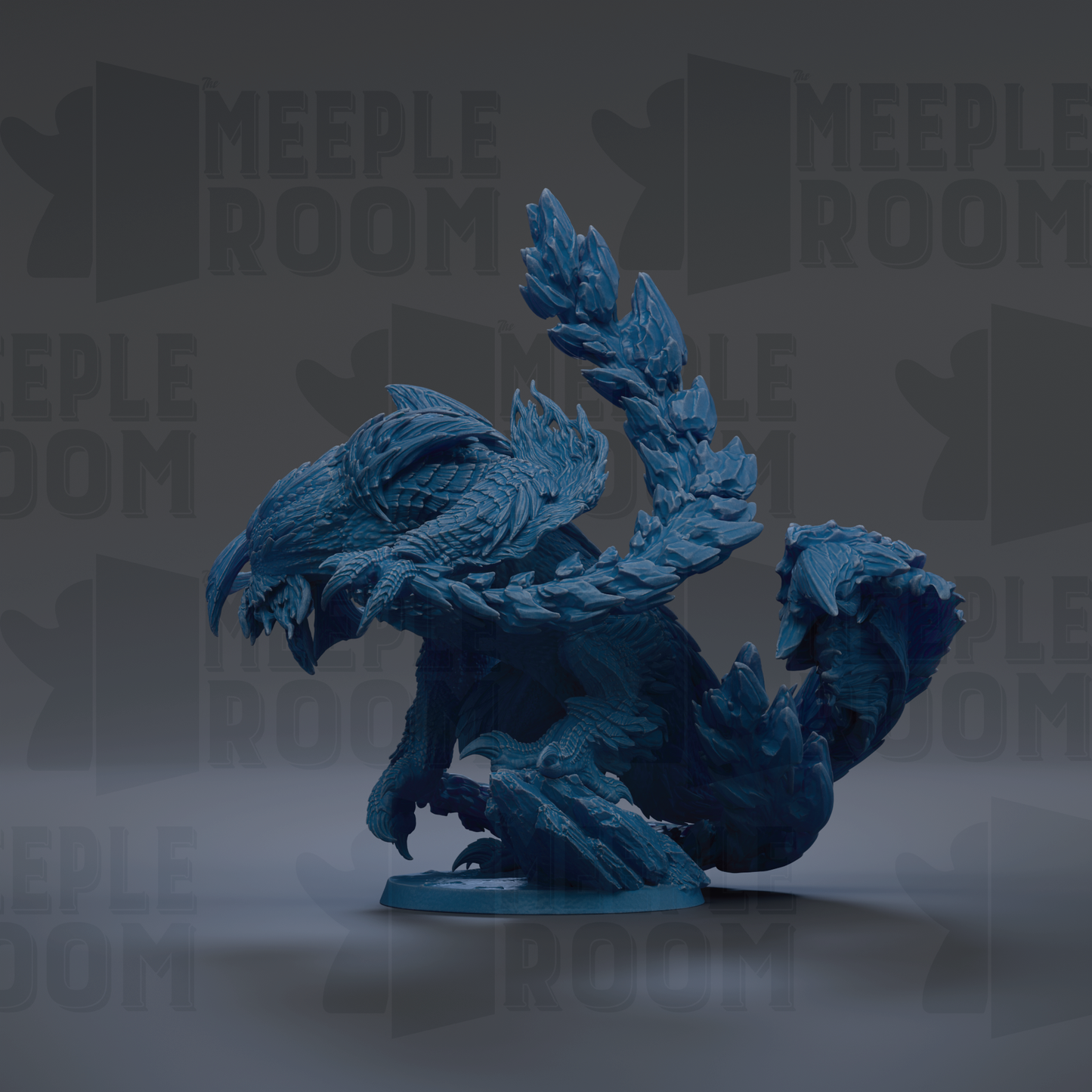 A blue, 3D-rendered dragon figurine is shown against a dark background with repeated text.