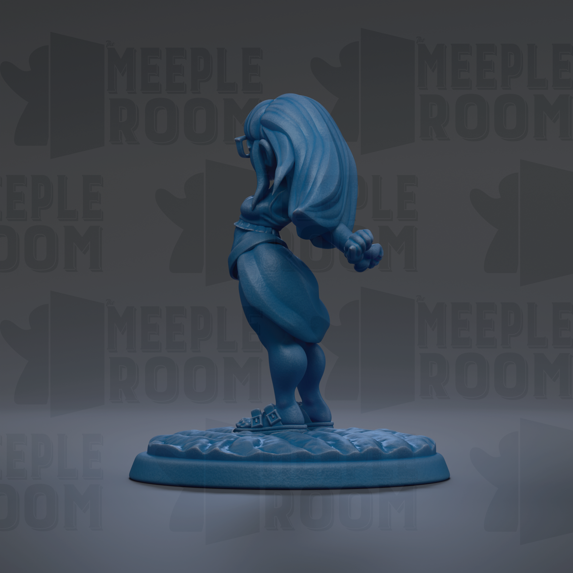 A blue figurine of a person standing on a platform against a dark background with repeated text.