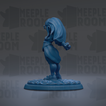 A blue figurine of a person standing on a platform against a dark background with repeated text.