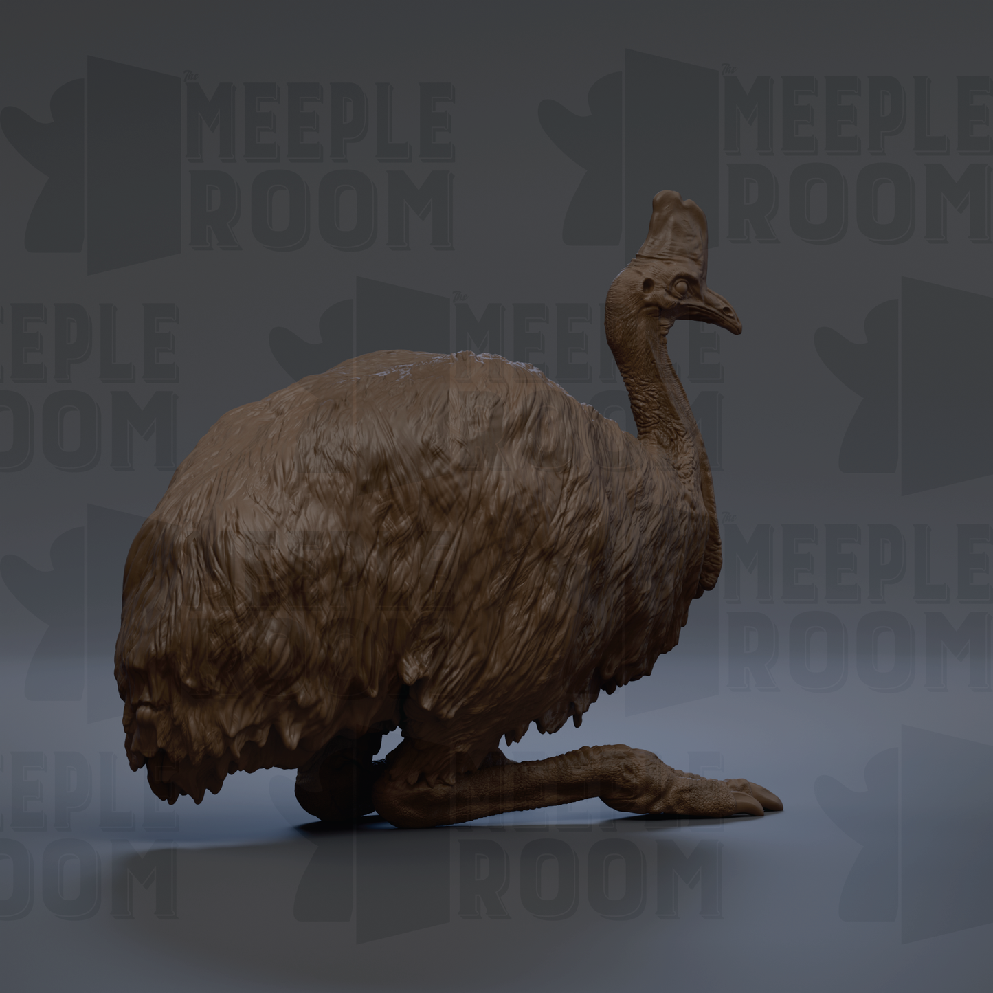 A 3D rendering of a large, brown bird, possibly a bird of prey, sitting on its hind legs.