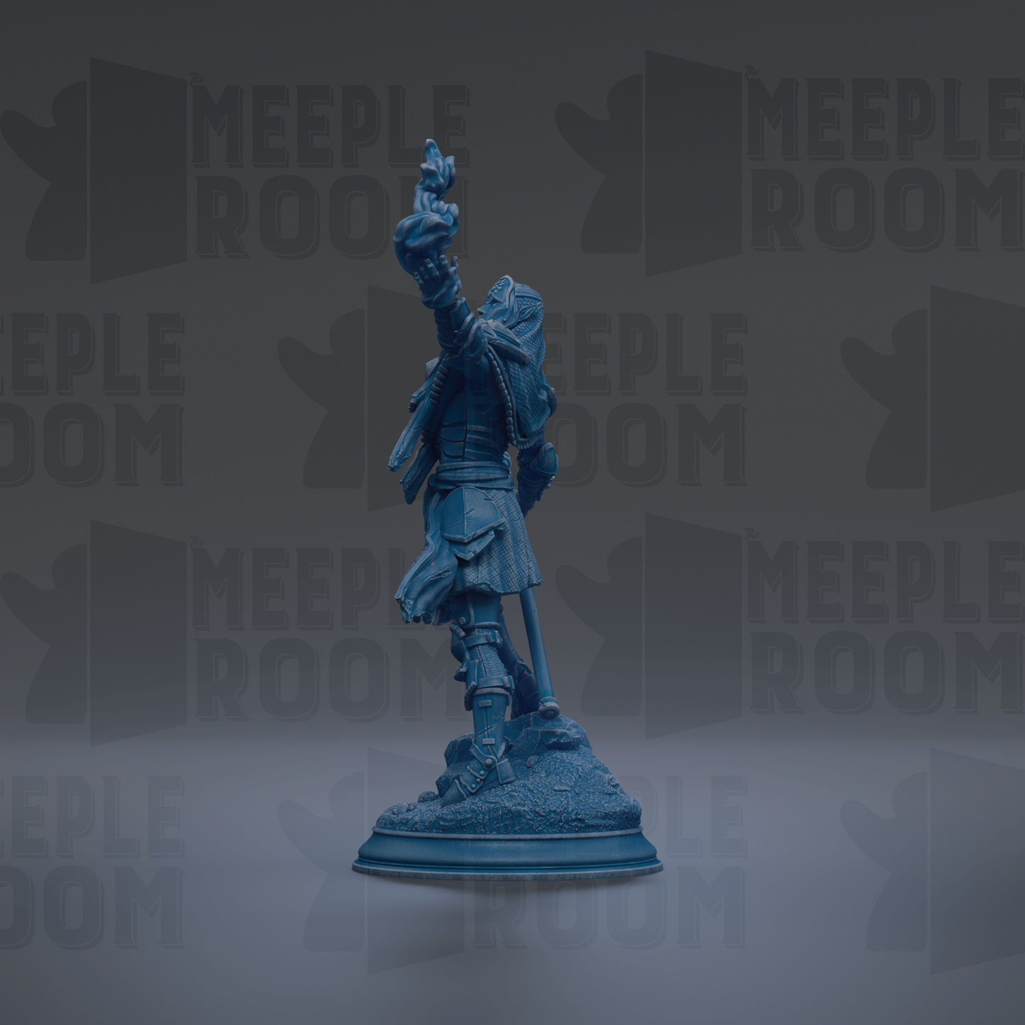A blue statue of a person standing on a pedestal, with the word "MEIPLLE ROOM" repeated in the background.