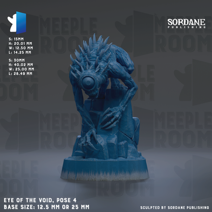 a blue, spiky, and angular sculpture of a creature with a large eye, positioned on a rock formation. The sculpture is described as "EYE OF THE VOID, POSE 4" and has a base size of either 12.5 mm or 25 mm. The image is a collage of multiple images, and it is described as "Sculpted by Sordane Publishing".