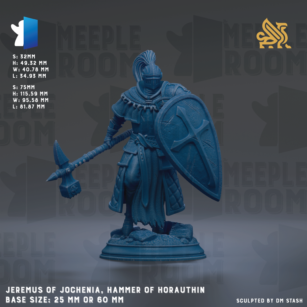 A figurine of a knight in armor, specifically the character Jerimus of Jochenia, the Hammer of Horaurusin, is depicted in the image. The figurine is shown in a dynamic pose, holding a hammer and standing on a base. The image is described as a base size of 25mm or 60mm, and it is sculpted by DM Stash.