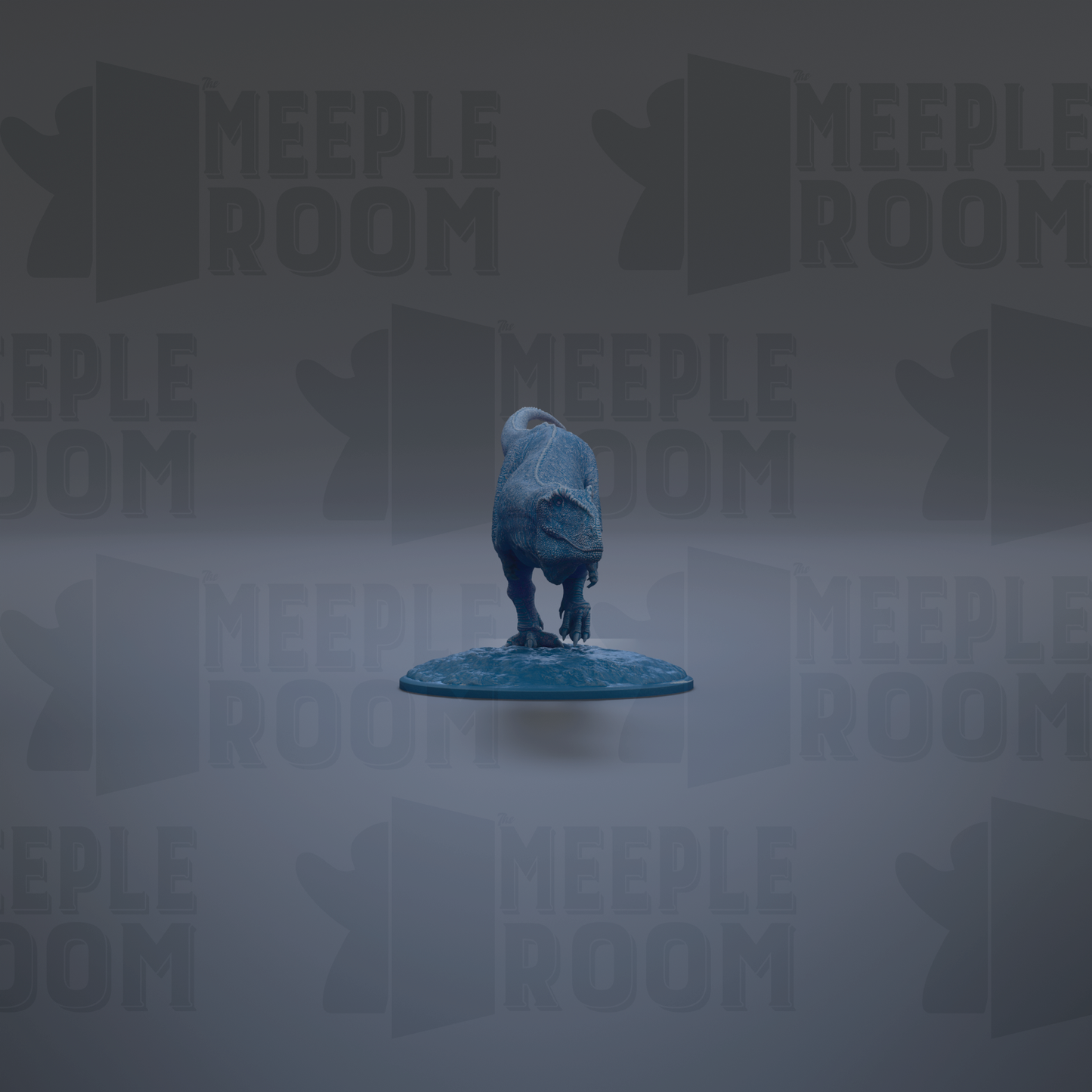 A blue dinosaur figurine is standing on a blue platform against a gray background with repeated "MEIPLE ROOM" text.