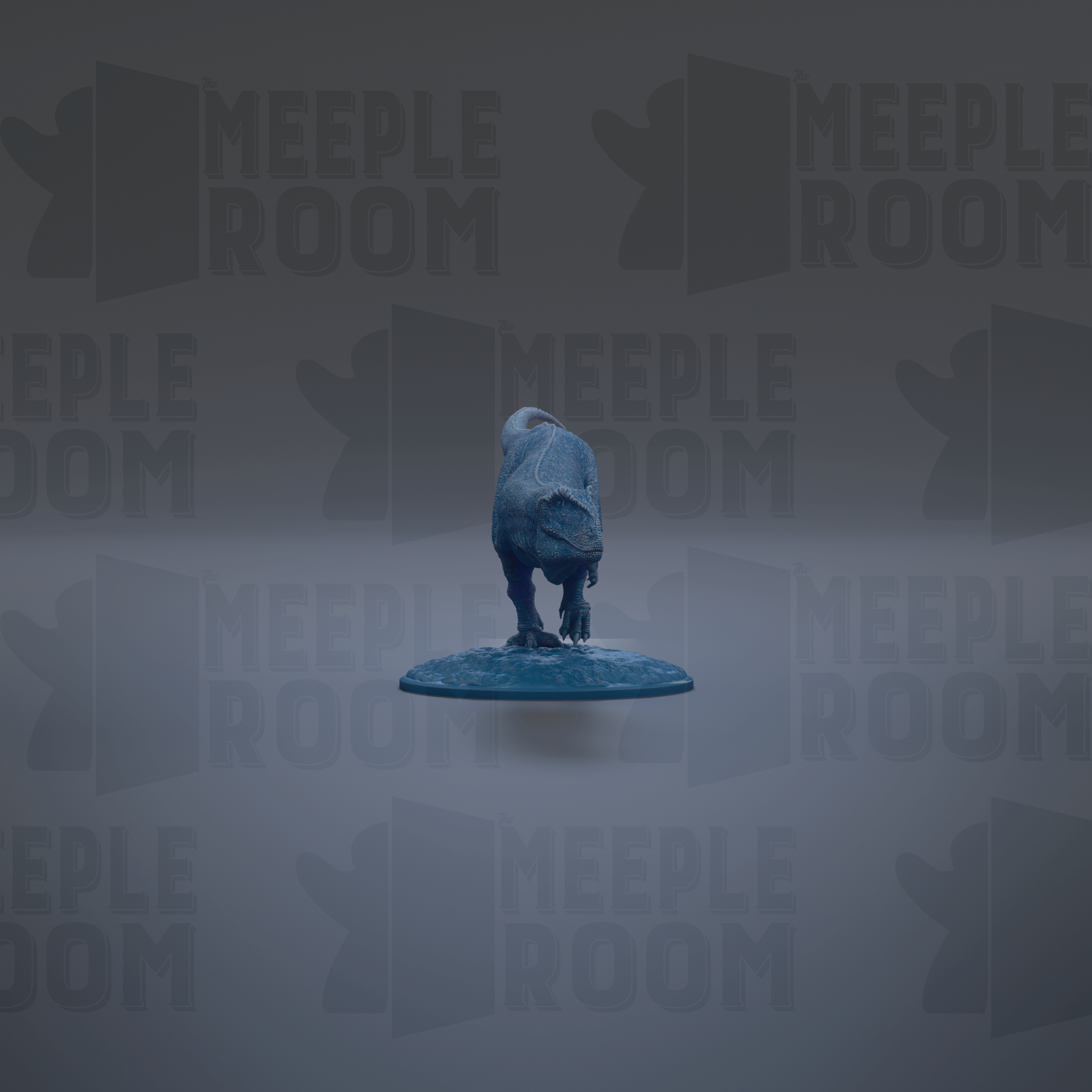 A blue dinosaur figurine is standing on a blue platform against a gray background with repeated "MEIPLE ROOM" text.