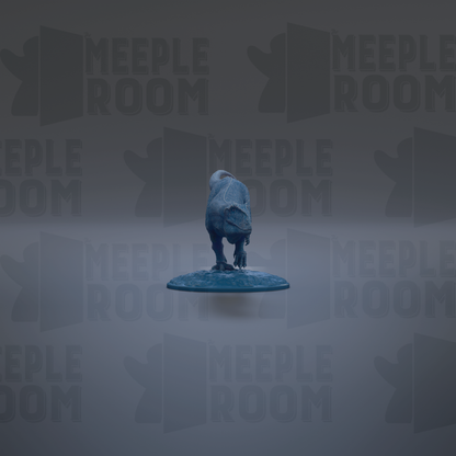 A blue dinosaur figurine is standing on a blue platform against a gray background with repeated "MEIPLE ROOM" text.