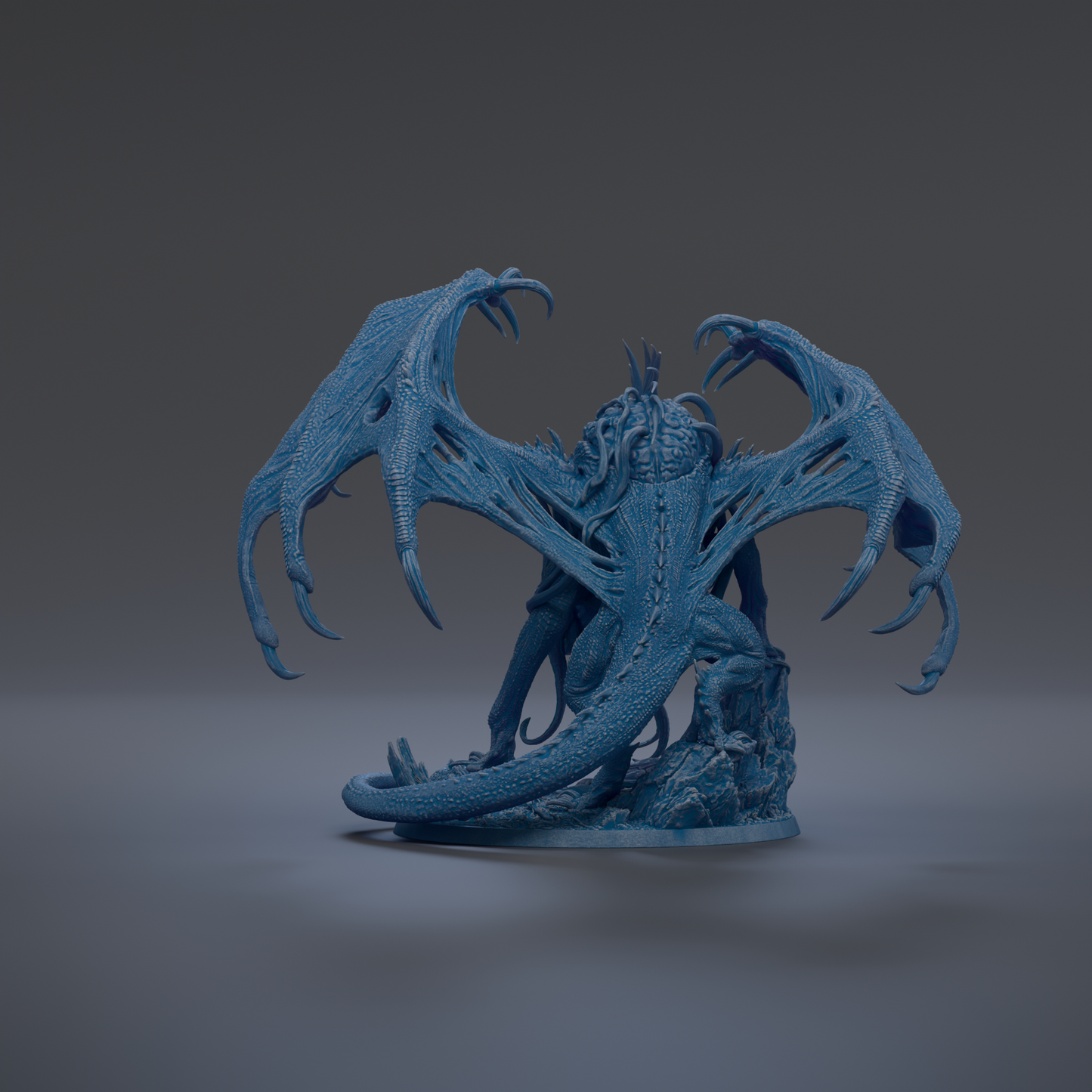 A 3D rendering of a blue dragon-like creature with sharp claws and a long, curved tail.
