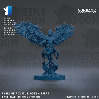 a detailed 3D rendering of a winged figure, possibly an angel or deity, with intricate details and a blue color scheme. The figure is shown in a pose with a spear, suggesting a powerful and majestic presence. The image is described as a "Sculpted by Sordane Publishing" and is labeled as a "Base Size: 25mm or 50mm". The background of the image is a dark gray color, which contrasts with the blue figure and makes it stand out prominently.