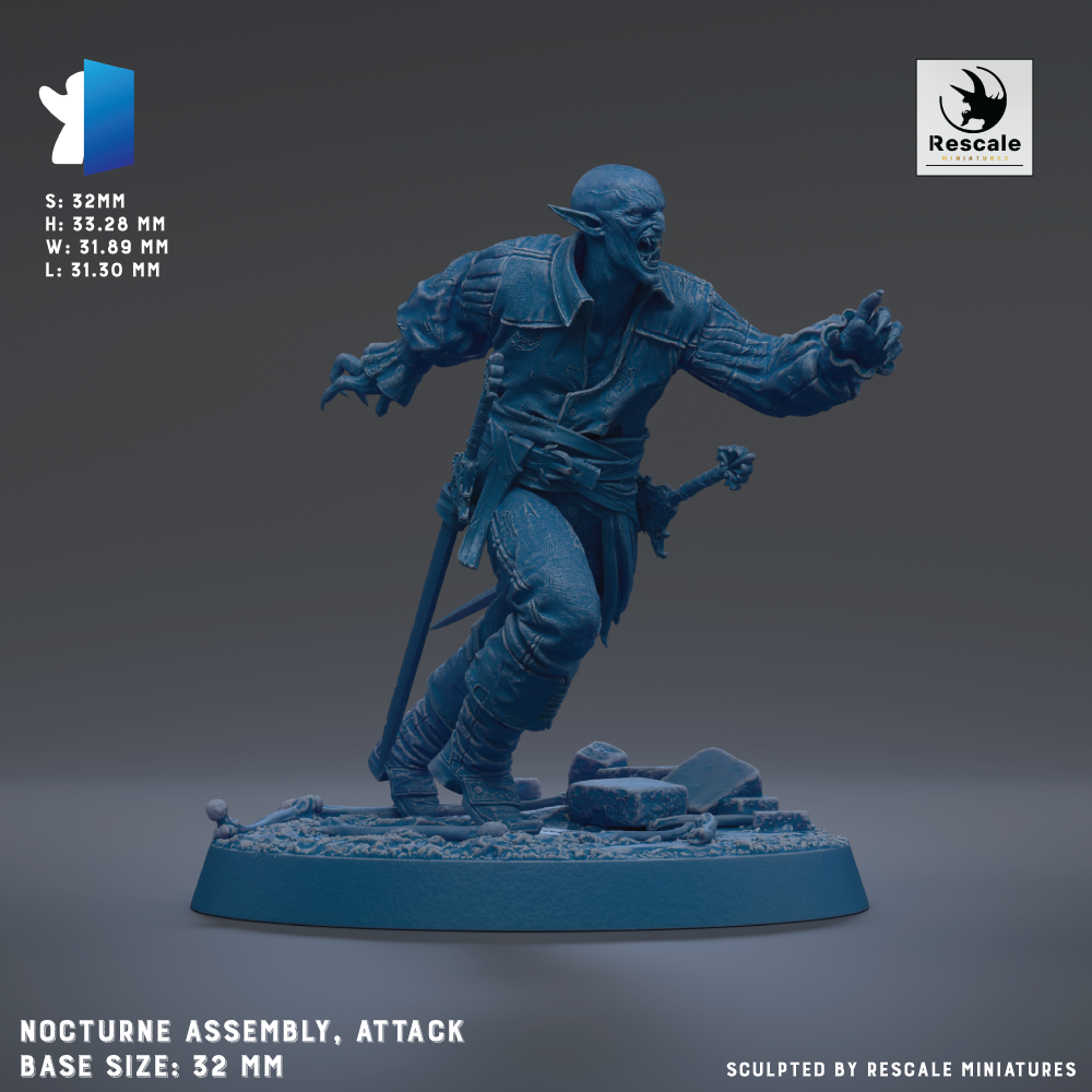 a blue 3D model of a warrior figure, with a sword in hand, standing on a base. The base size is 32mm.