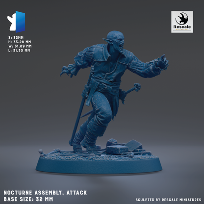 a blue 3D model of a warrior figure, with a sword in hand, standing on a base. The base size is 32mm.