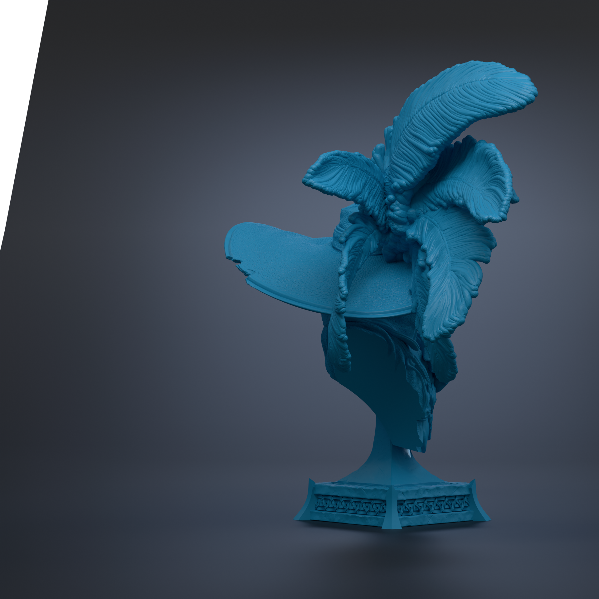 A blue, 3D-rendered sculpture of a stylized bird or bird-like figure with intricate, feather-like details.
