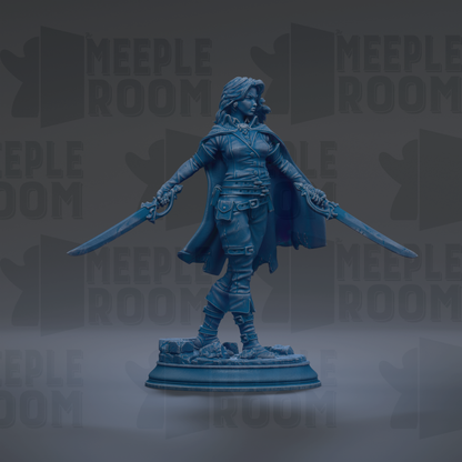 A blue statue of a woman with long hair and a cape, holding two swords, stands on a pedestal against a dark background with repeated text.
