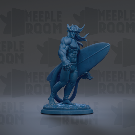 A blue figurine of a muscular man holding a surfboard, standing on a platform against a dark background with repeated text.