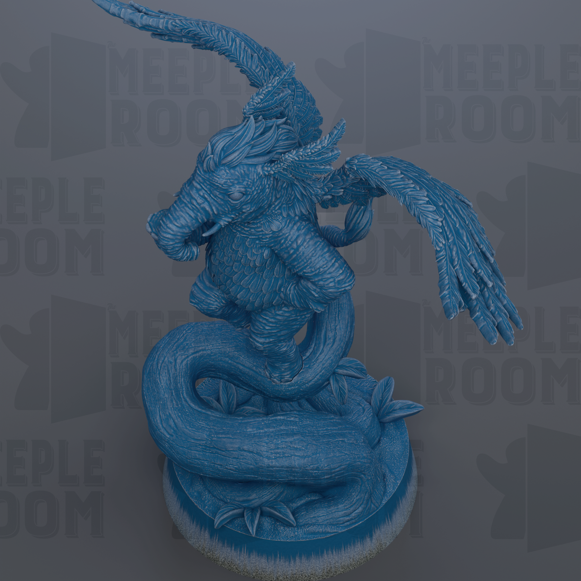 A blue dragon statue with wings spread, sitting on a rock.