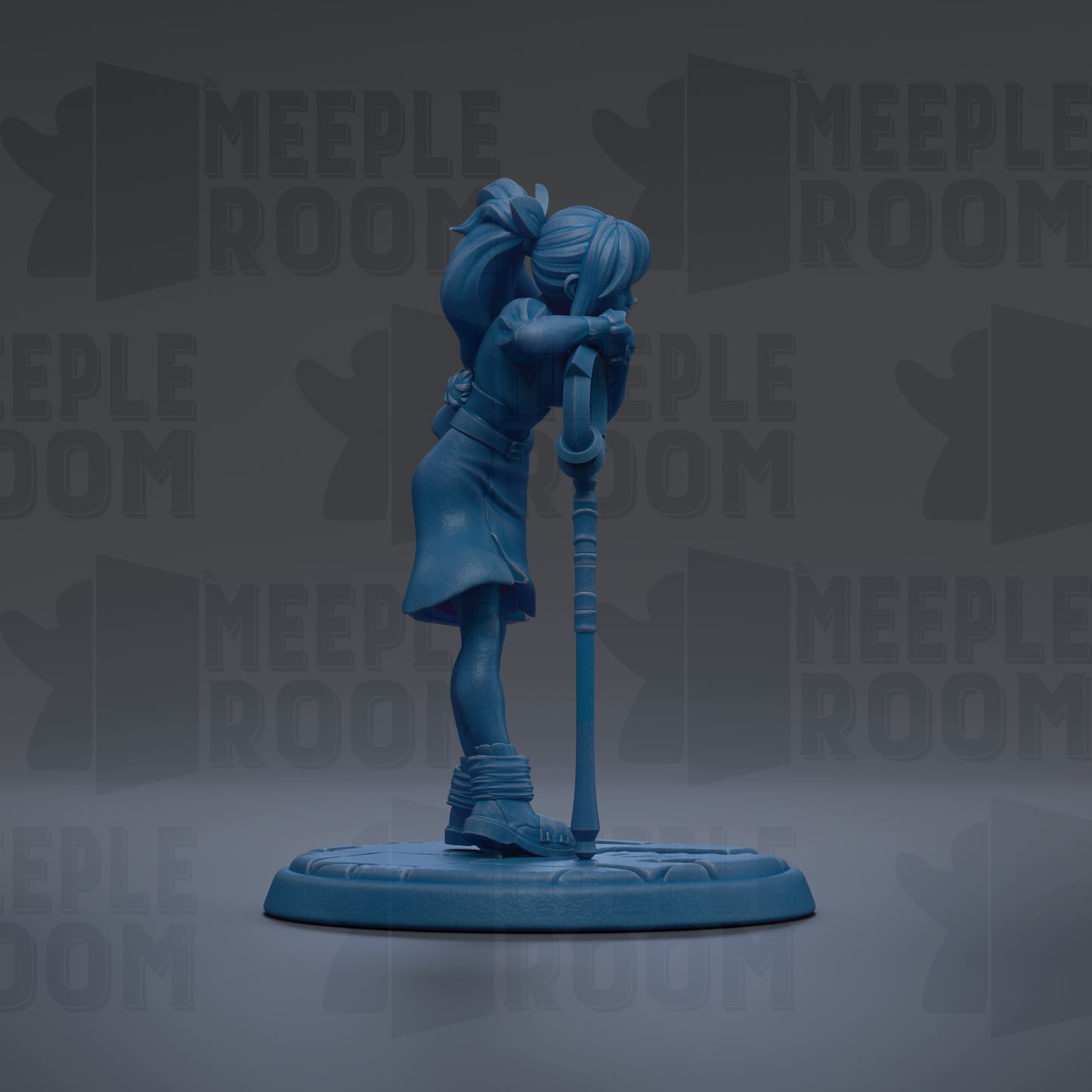 A blue figurine of a person standing on a platform, with the text "MEUPLE ROOM" repeated in the background.