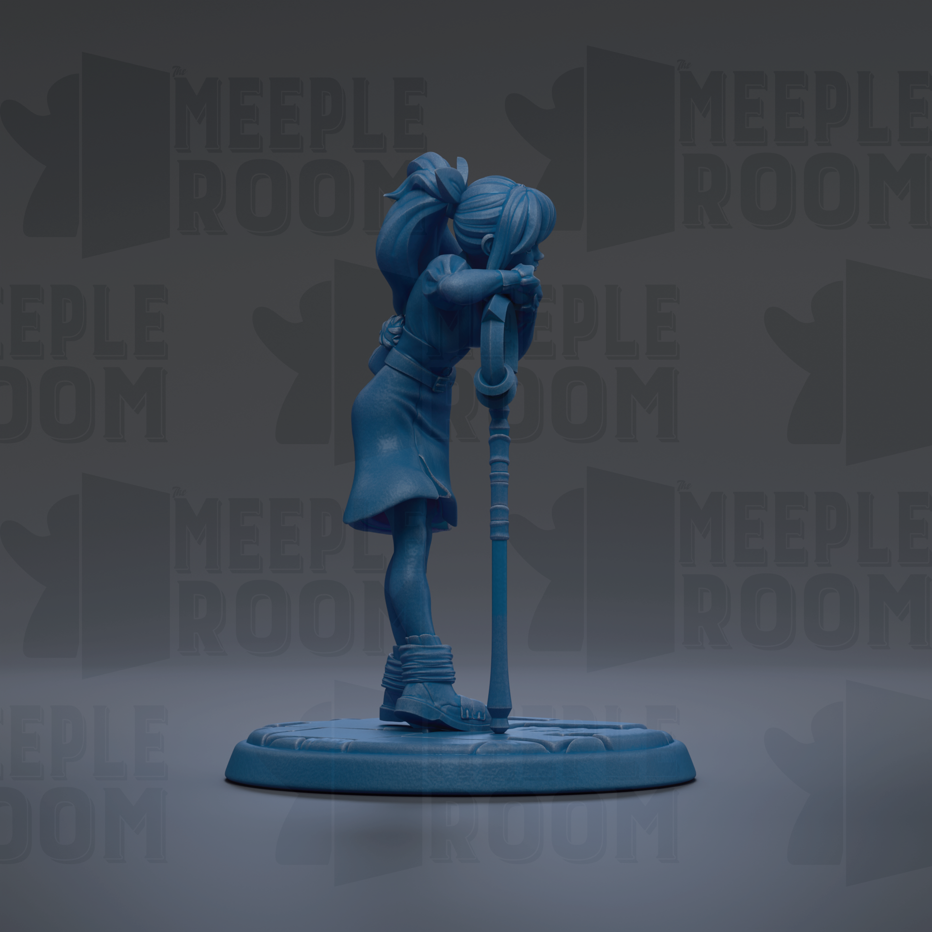 A blue figurine of a person standing on a platform, with the text "MEUPLE ROOM" repeated in the background.