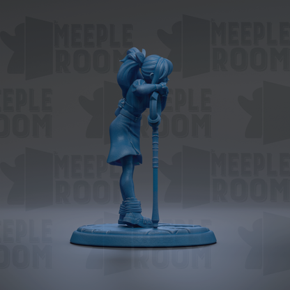 A blue figurine of a person standing on a platform, with the text "MEUPLE ROOM" repeated in the background.