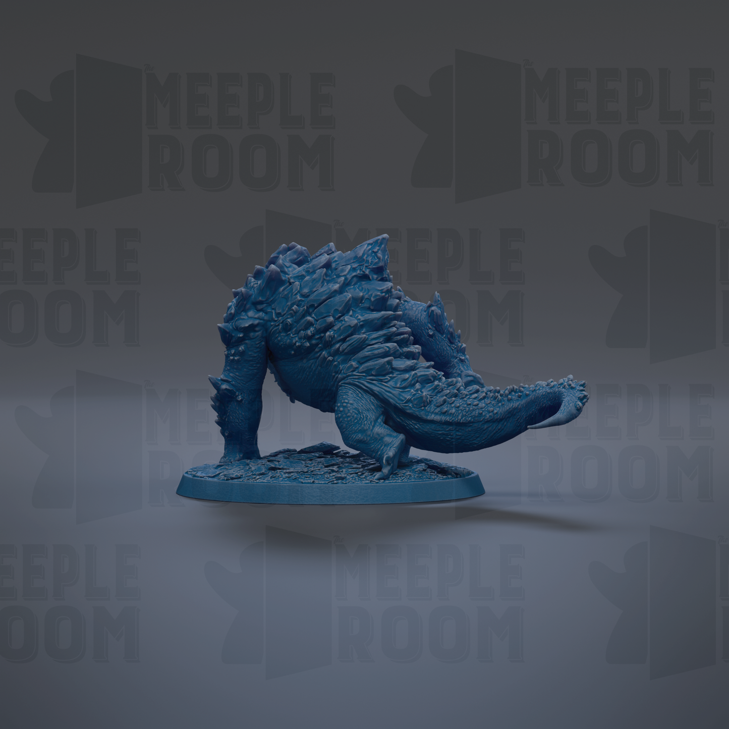 A blue, 3D-rendered dinosaur figurine is shown against a dark background with repeated text.
