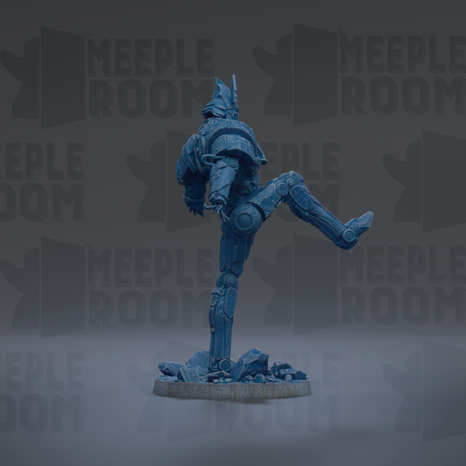 A blue, armored robot figure stands on a rock formation against a dark background with repeated "MEUPLE ROOM" text.