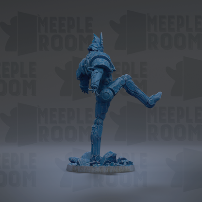 A blue, armored robot figure stands on a rock formation against a dark background with repeated "MEUPLE ROOM" text.