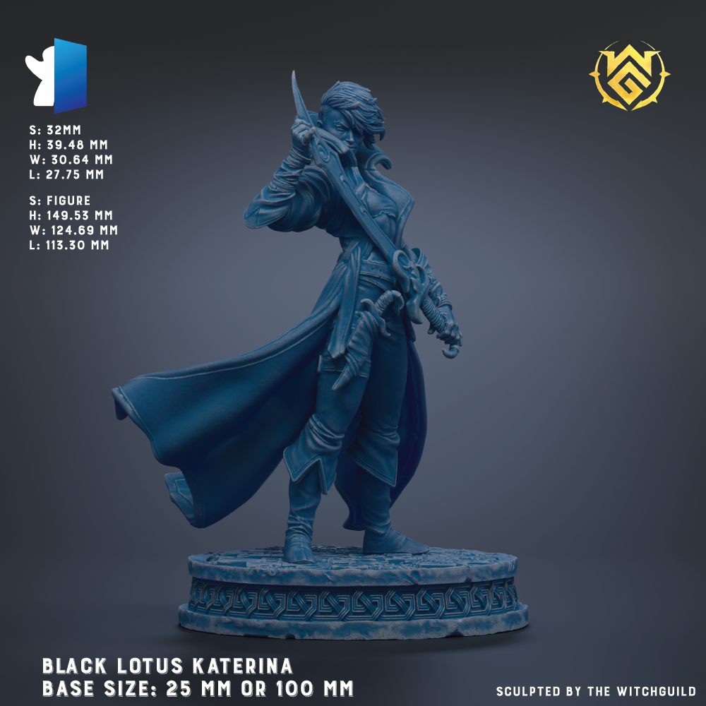 a statue of a woman with a sword, standing on a pedestal. The statue is in a blue color and appears to be a representation of a character from a fantasy or adventure game. The statue is described as a "Black Lotus Katerina" and is shown in various base sizes, including 25 mm and 100 mm. The image is a collage of multiple images, and the caption does not include any redundancy or vague wording.