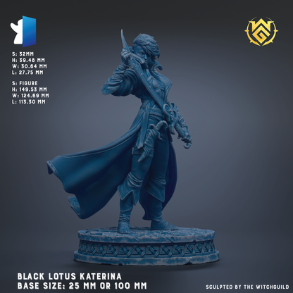 a statue of a woman with a sword, standing on a pedestal. The statue is in a blue color and appears to be a representation of a character from a fantasy or adventure game. The statue is described as a "Black Lotus Katerina" and is shown in various base sizes, including 25 mm and 100 mm. The image is a collage of multiple images, and the caption does not include any redundancy or vague wording.