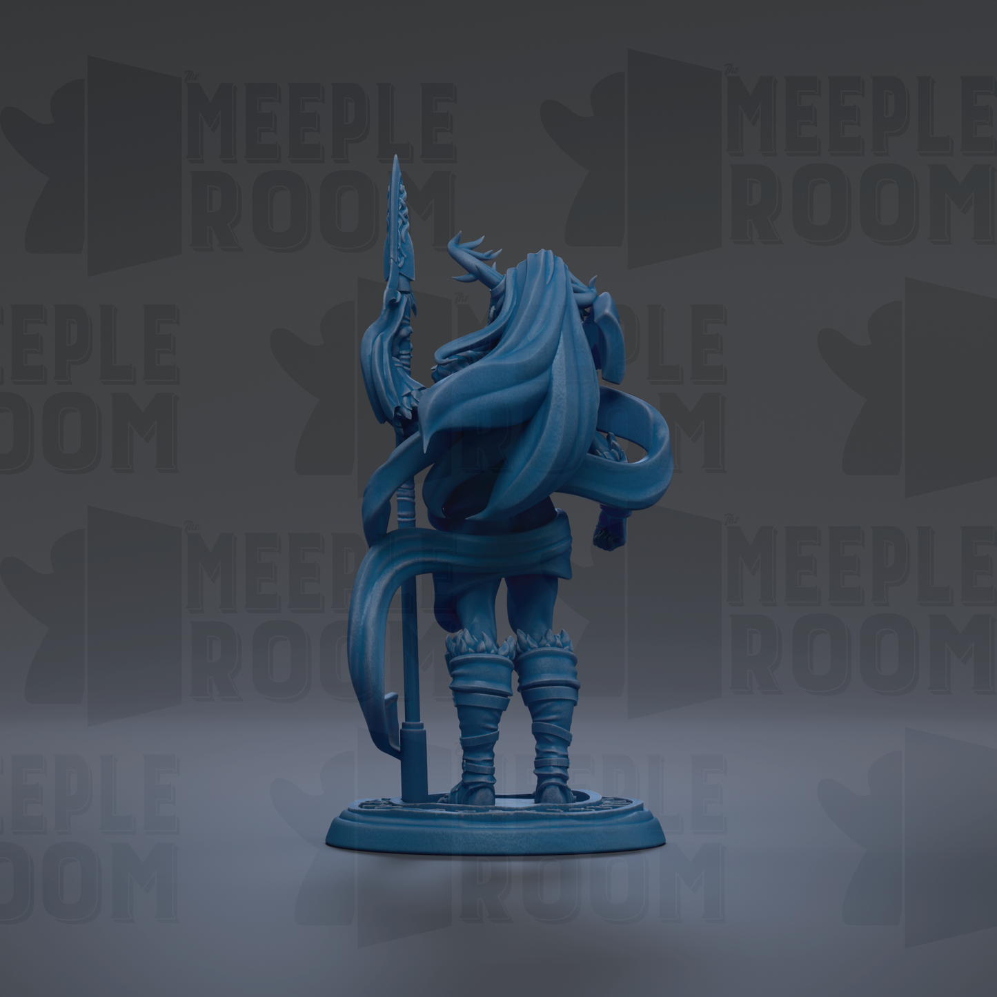 A blue figurine of a person holding a sword and shield, standing on a base.
