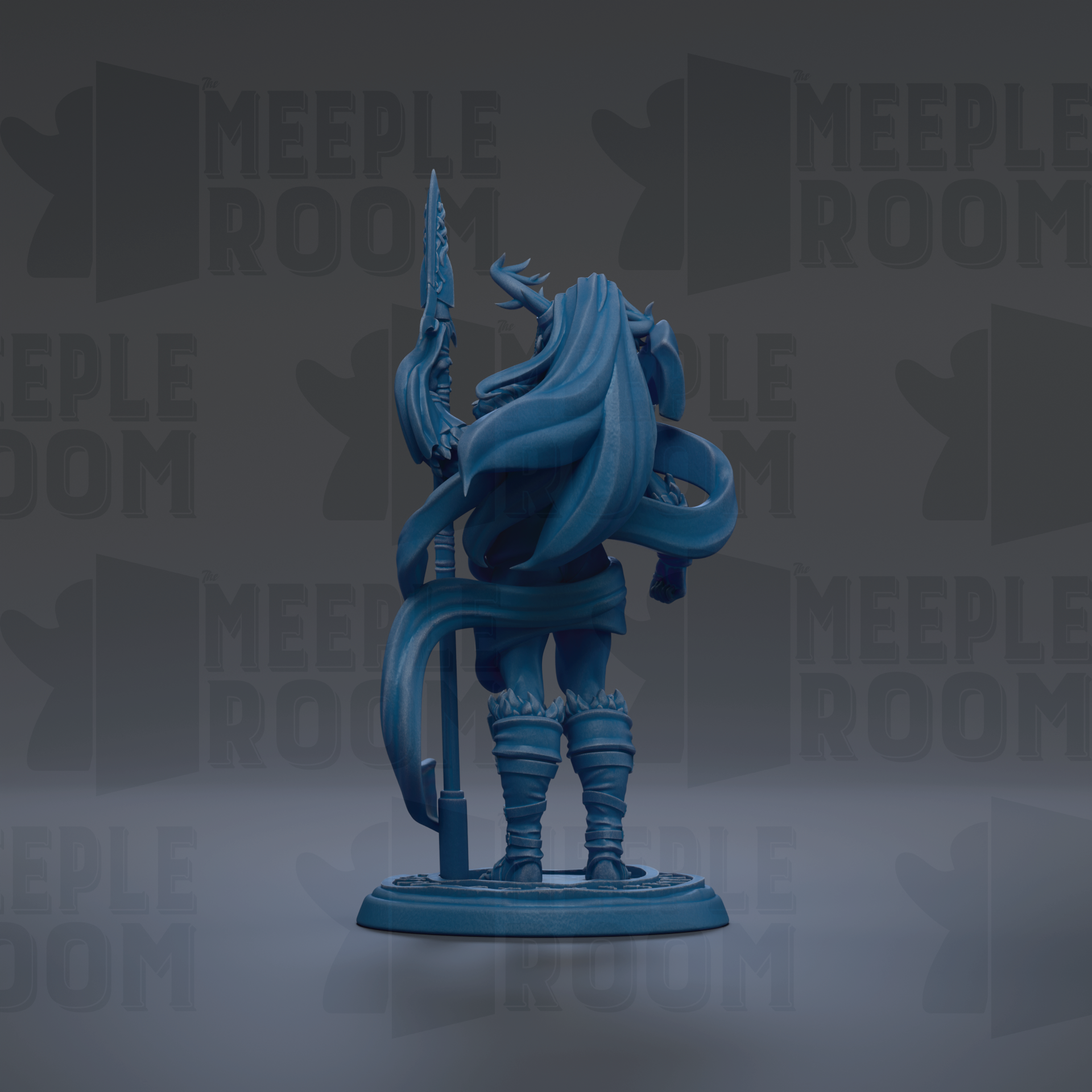 A blue figurine of a person holding a sword and shield, standing on a base.