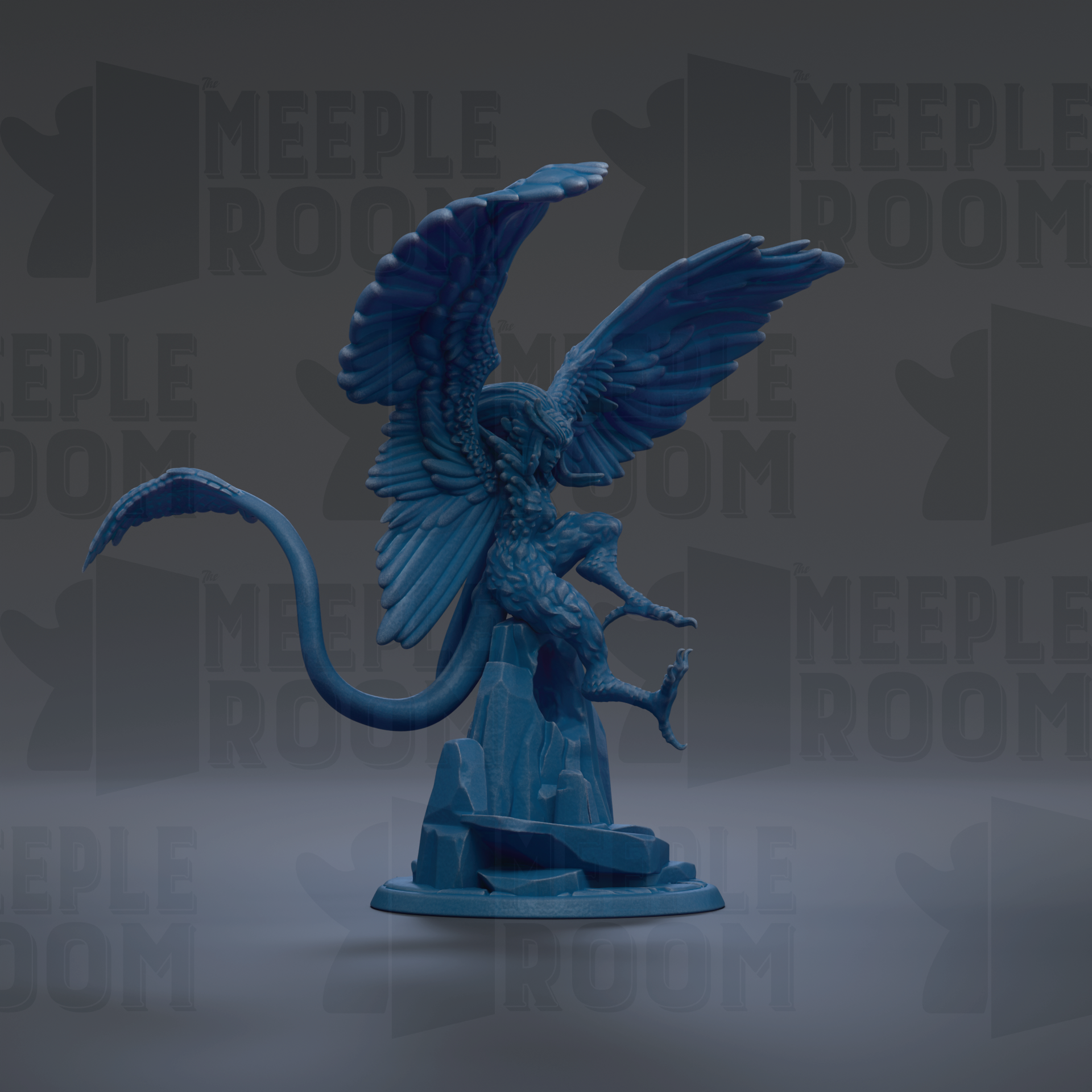 A blue, winged figurine stands on a rock formation against a dark background with repeated text.